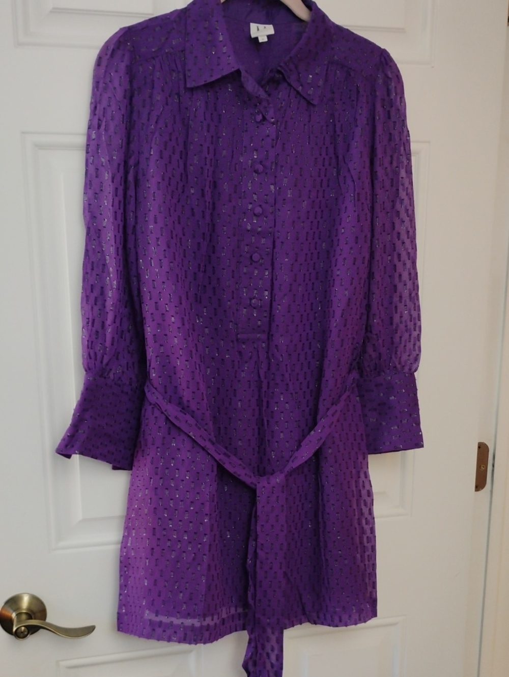 Halston Heritage Deep Purple Long Sleeve Belted Shirt Dress